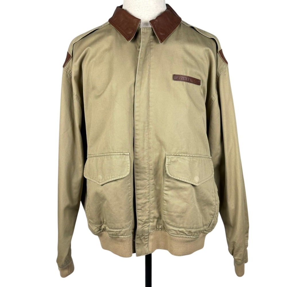 Avirex Type A-2 Flight Jacket Mens L Tan Khaki Cotton Twill Leather Trim Vintage